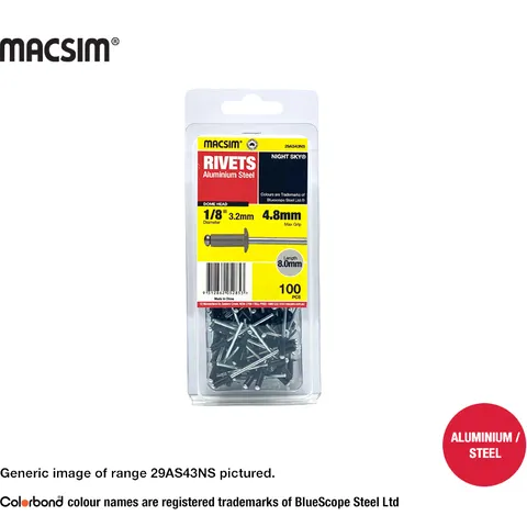 COLORBOND AS43 DOME HEAD RIVETS 1/8"LENGTH 4.8MM MAX GRIP 